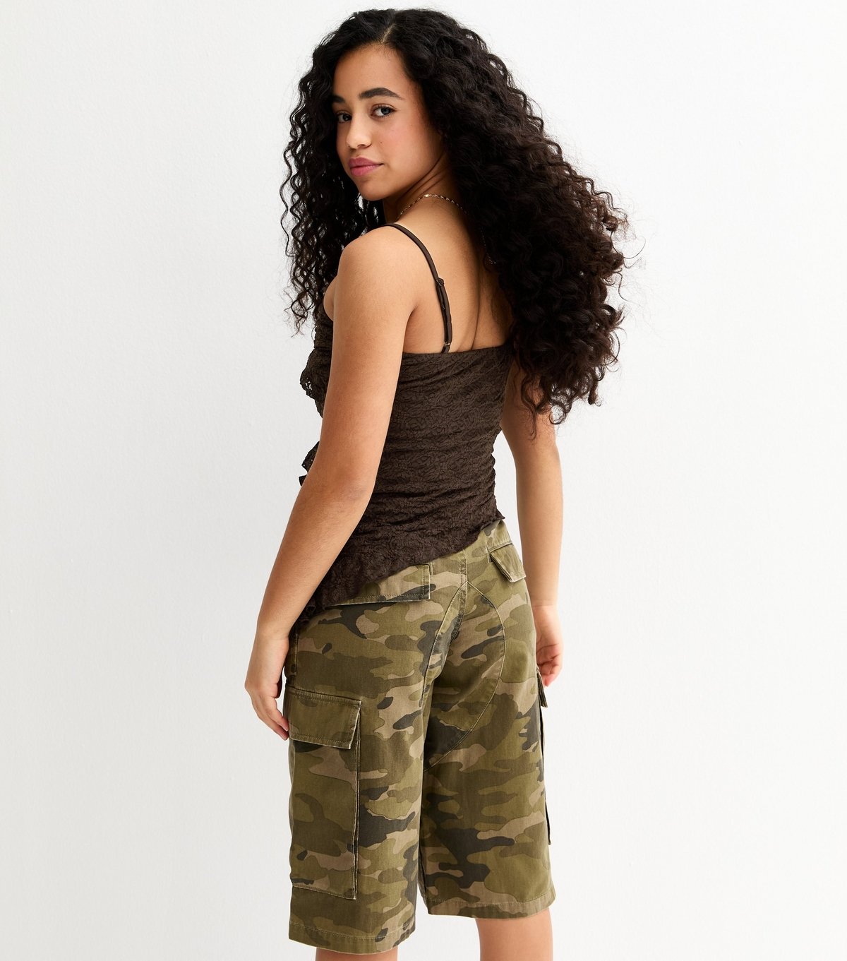 New Look Girls' Dark Brown Ruffle Trim Asymmetric Lace Cami Top New Look - 4