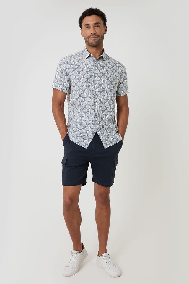 Threadbare Threadbare Men's Linear Leaf Print Short Sleeve Shirt in Blue - 3