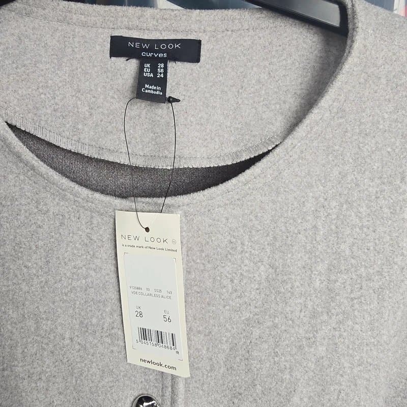 New Look Bnwt New Look Curves Grey Collarless Soft Jacket Size 28
