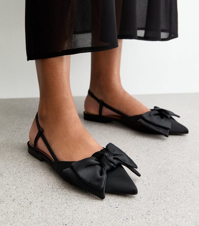 New Look Women's Black Satin Bow Slingback Ballerina Pumps New Look - 2