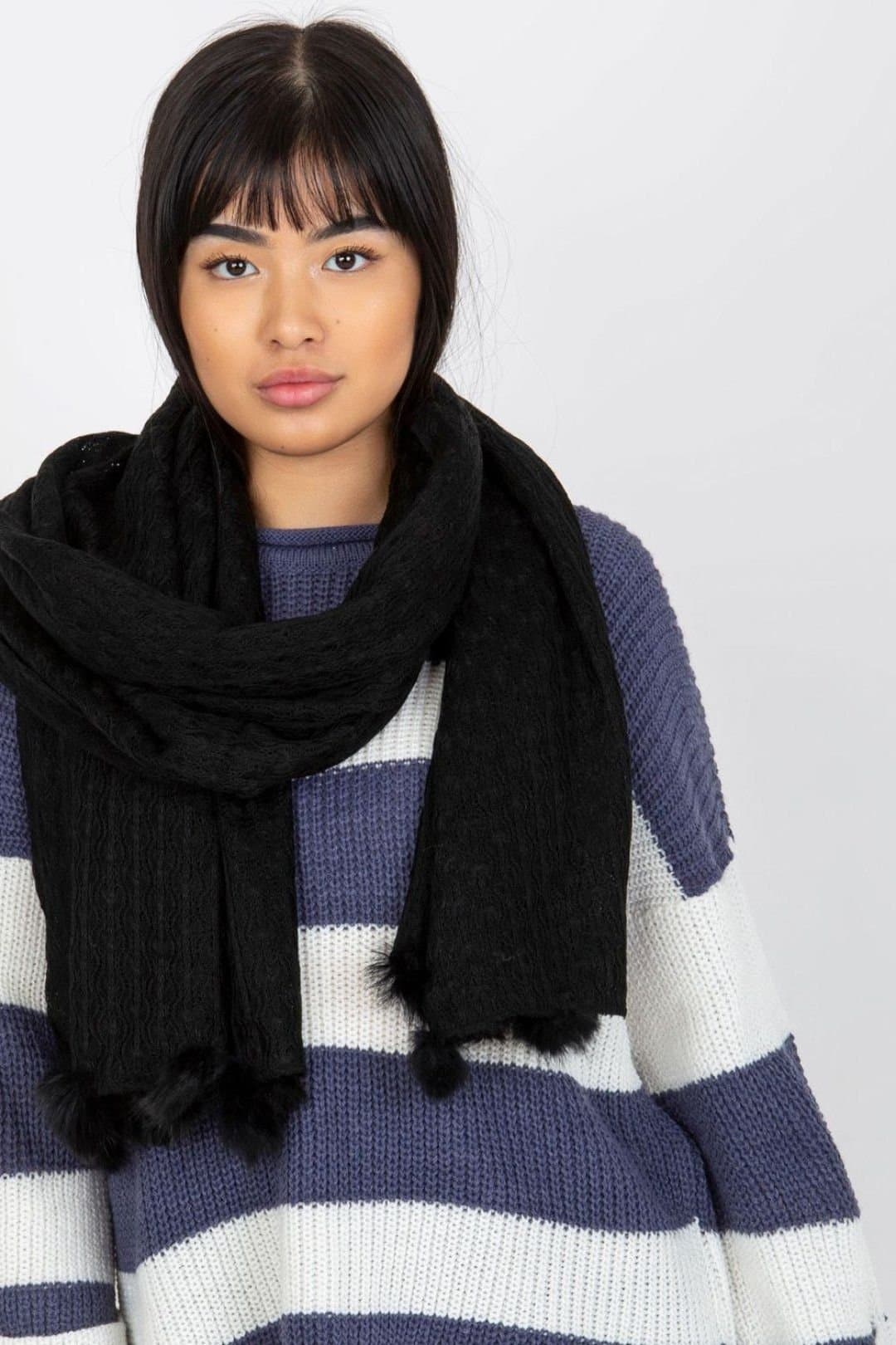 Love Lace Love Lace Black Openwork Long Winter Scarf With Pom Poms