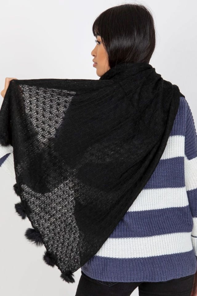Love Lace Love Lace Women's Openwork Long Winter Scarf With Decorative Pom Poms for Warmth in Black - 2