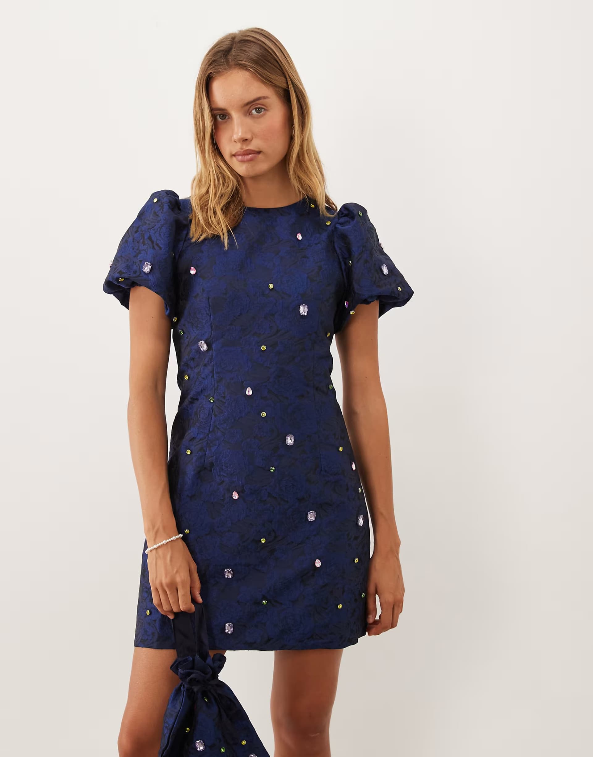 ASOS Dream Sister Jane Cosmo embellished round neck puff sleeve mini dress co-ord in navy