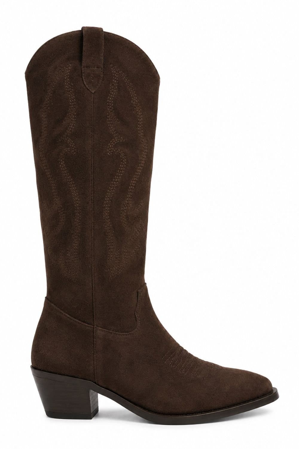 Kiki Shushu Kiki Shushu Women's Faux Suede Embroidered Western Knee High Boots in Brown