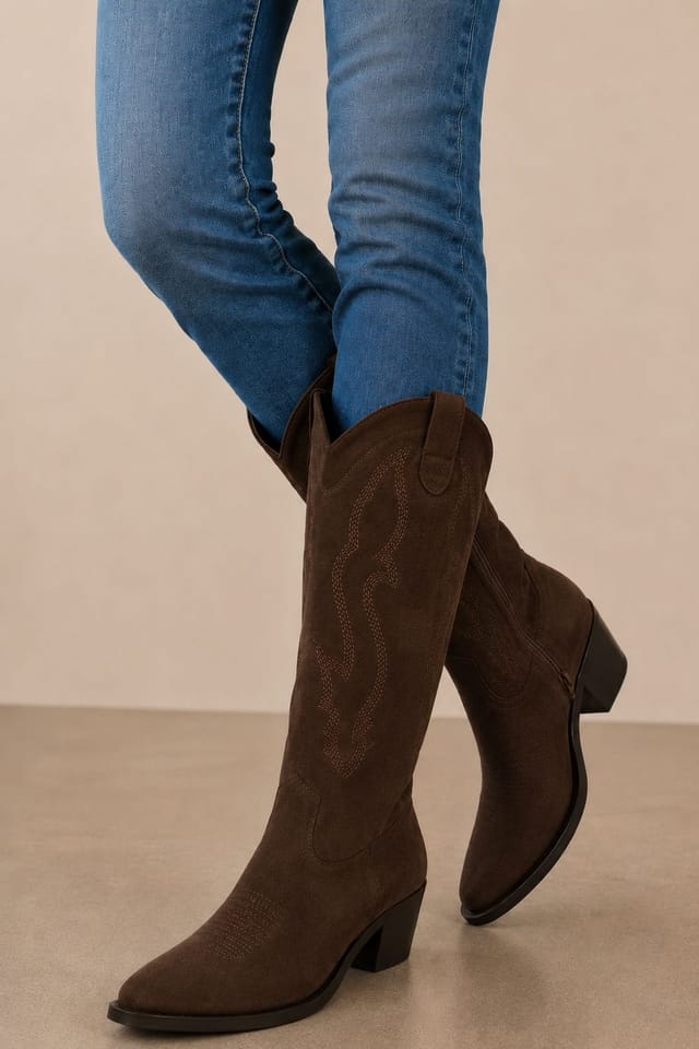 Kiki Shushu Kiki Shushu Women's Faux Suede Embroidered Western Knee High Boots in Brown - 2