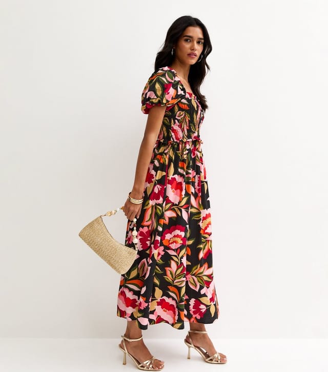 New Look Women's Black Floral Print Shirred Milkmaid Midi Dress New Look - 3