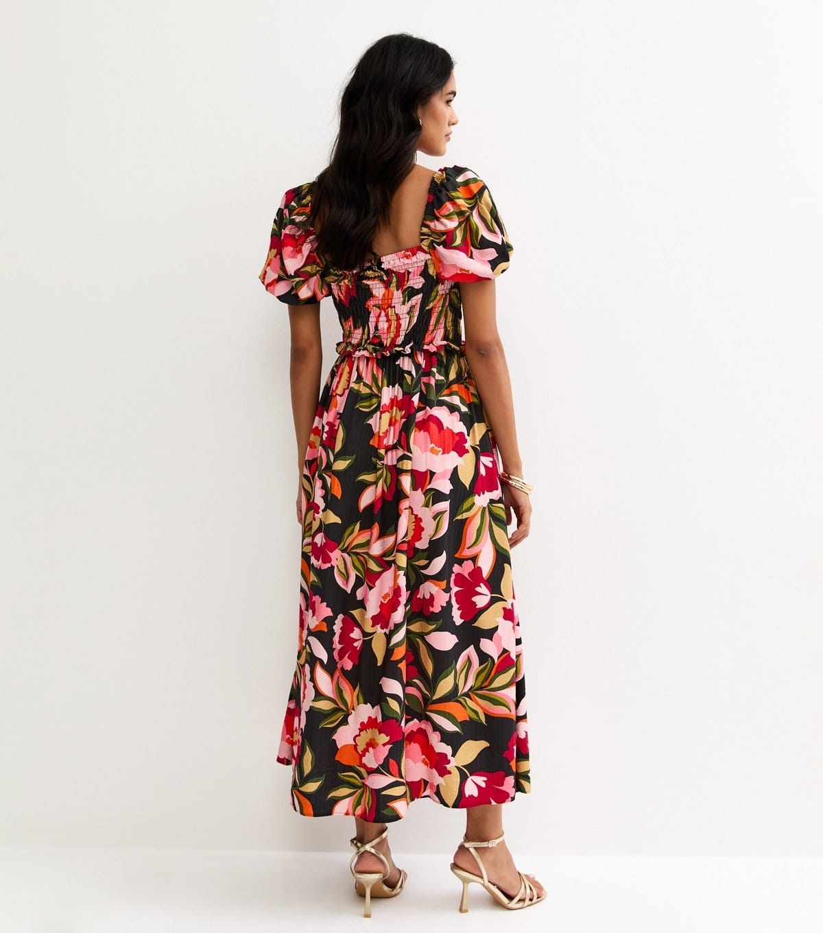 New Look Women's Black Floral Print Shirred Milkmaid Midi Dress New Look - 4