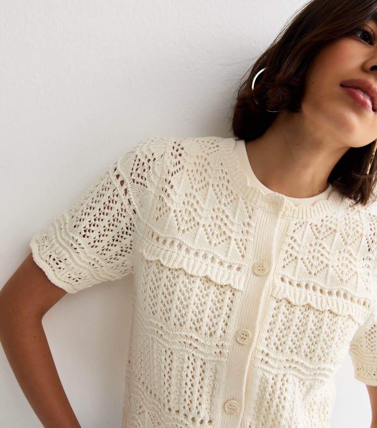 New Look Women's Cream Patterned Knit Cotton Rich Short Sleeve Cardigan New Look