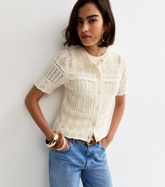 New Look Women's Cream Patterned Knit Cotton Rich Short Sleeve Cardigan New Look - 2