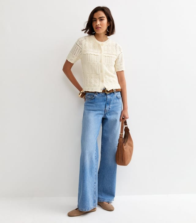 New Look Women's Cream Patterned Knit Cotton Rich Short Sleeve Cardigan New Look - 3