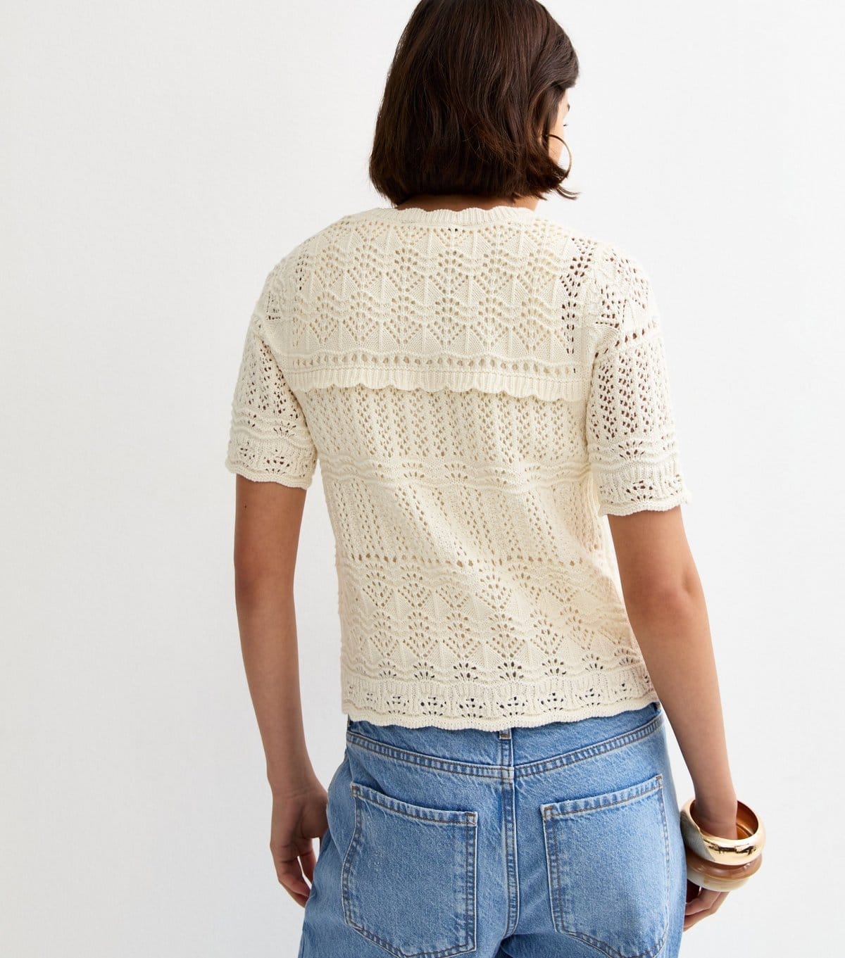 New Look Women's Cream Patterned Knit Cotton Rich Short Sleeve Cardigan New Look - 4