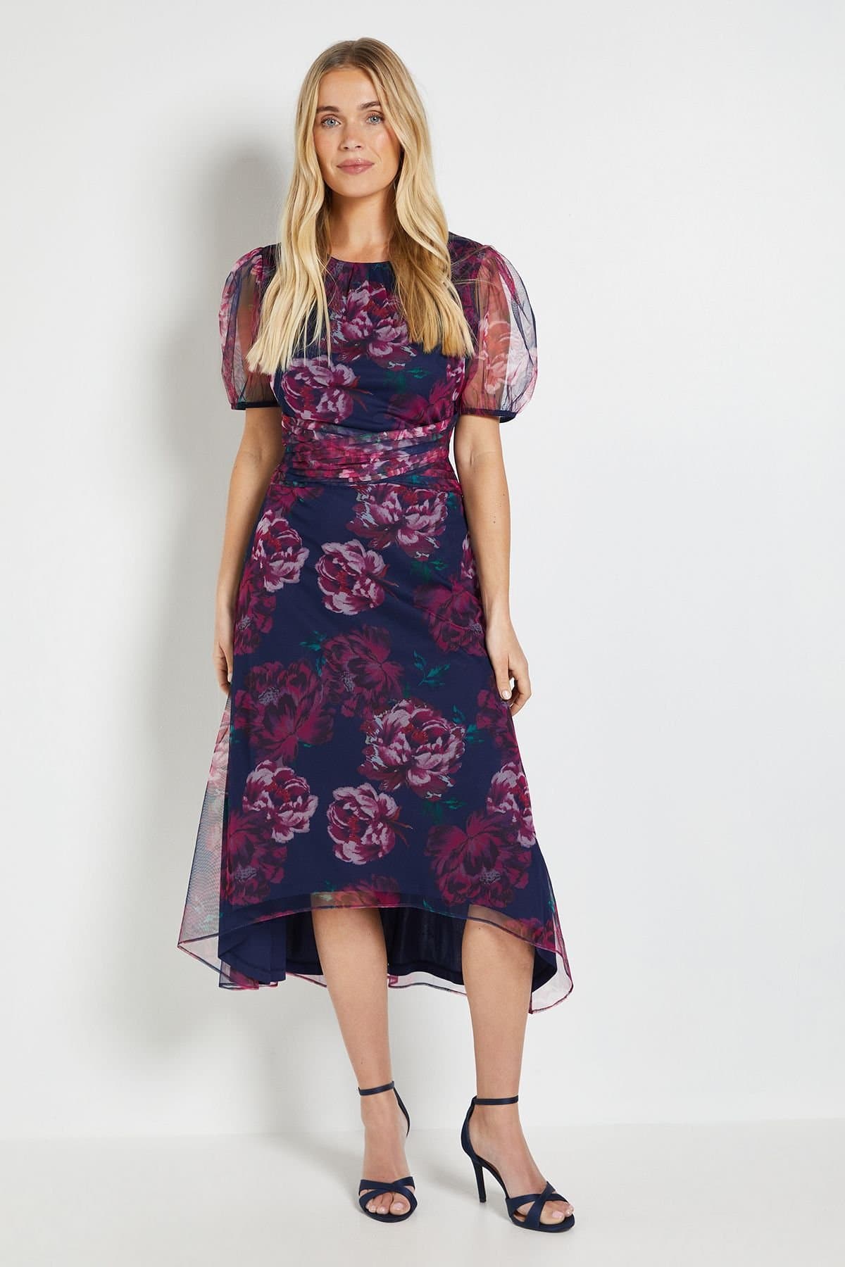 Wallis Wallis Women's Petite Floral Mesh Pleated Midi Dress in Blue
