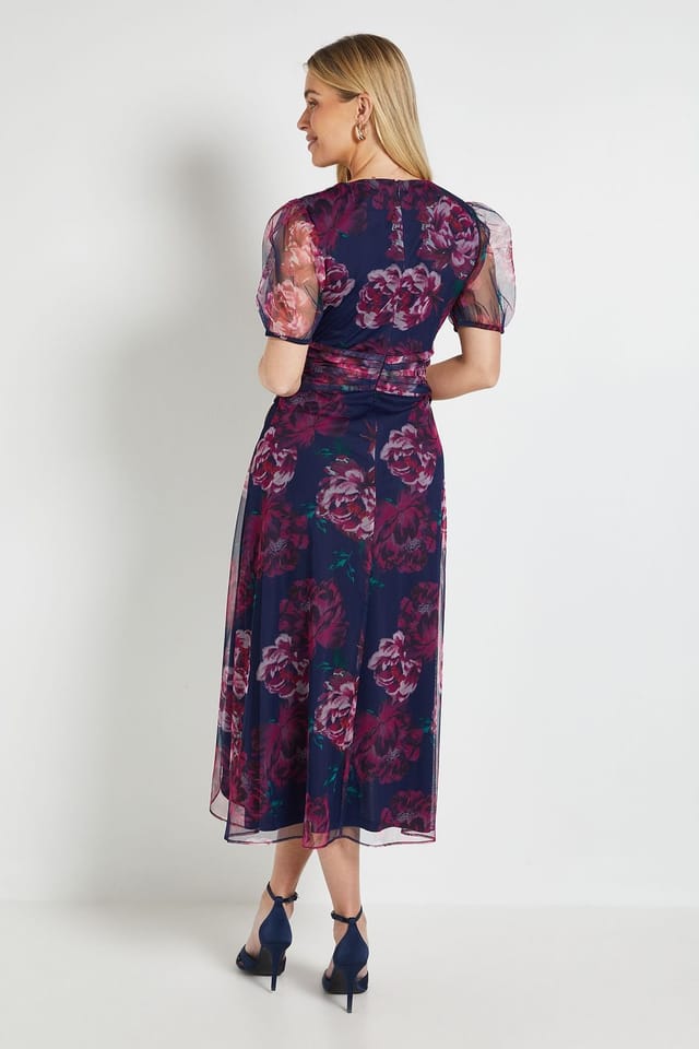Wallis Wallis Women's Petite Floral Mesh Pleated Midi Dress in Blue - 3