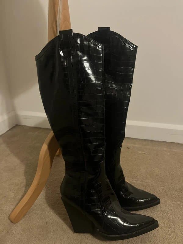 ASOS UK 4 ASOS black patent leather crocodile skin knee high heeled boots