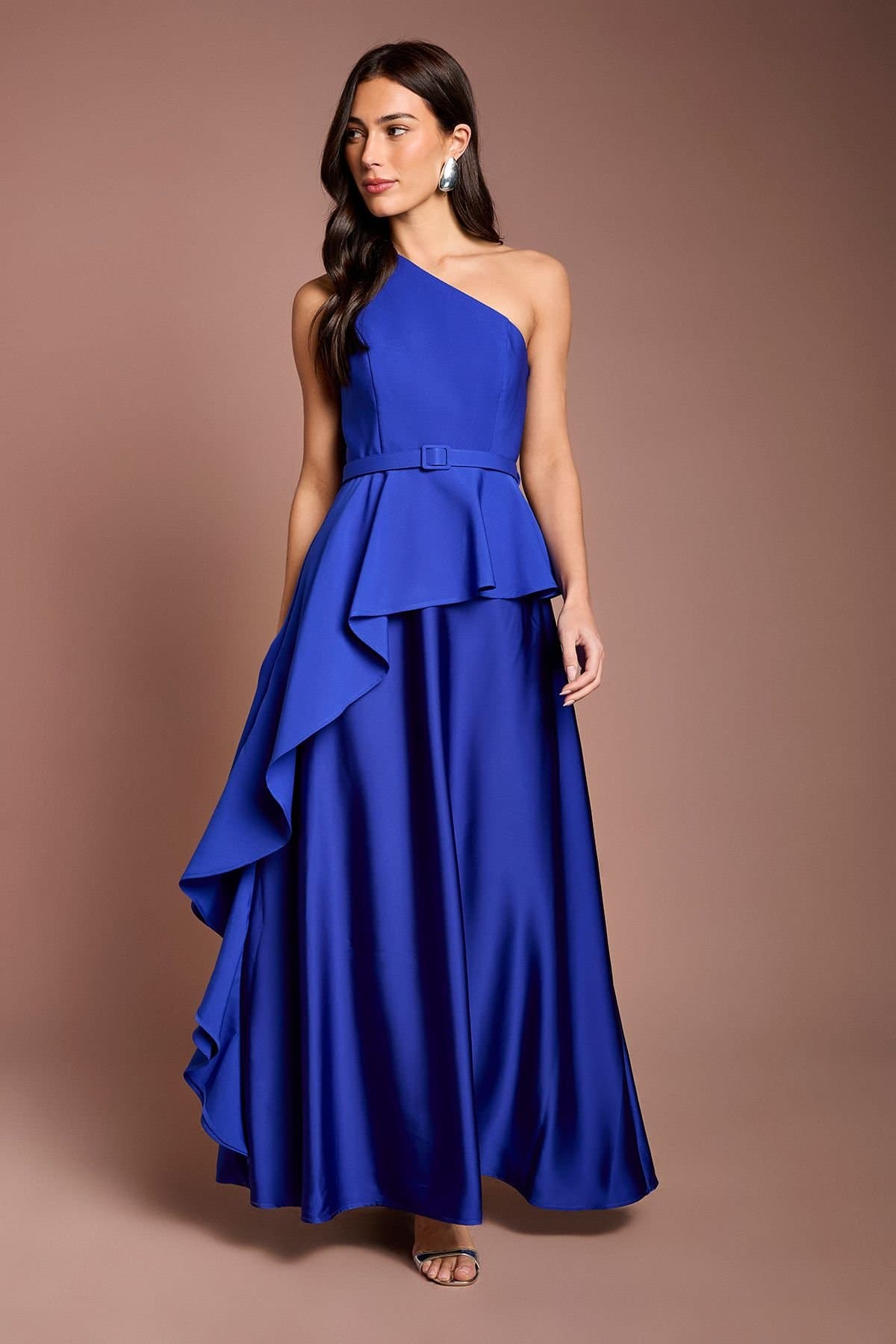 Coast Coast Women's One Shoulder Ruffle Detail Satin Maxi Dress in Cobalt
