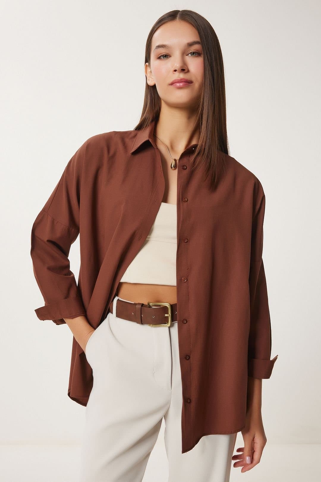 Happiness Istanbul Happiness Istanbul Women's Oversized Poplin Button-Up Shirt with Long Sleeves in Dark Brown