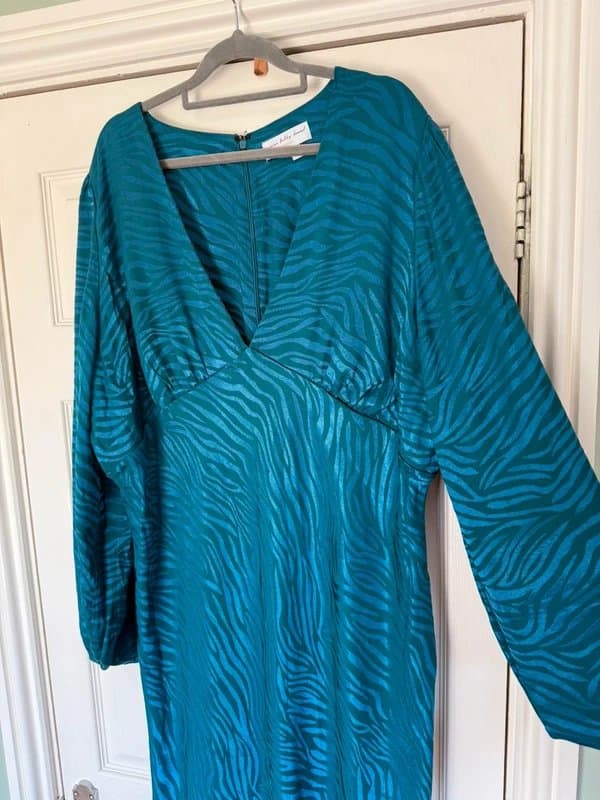 Never Fully Dressed Never fully dressed peacock teal blue long sleeve satin anima print plunge midi dress 24