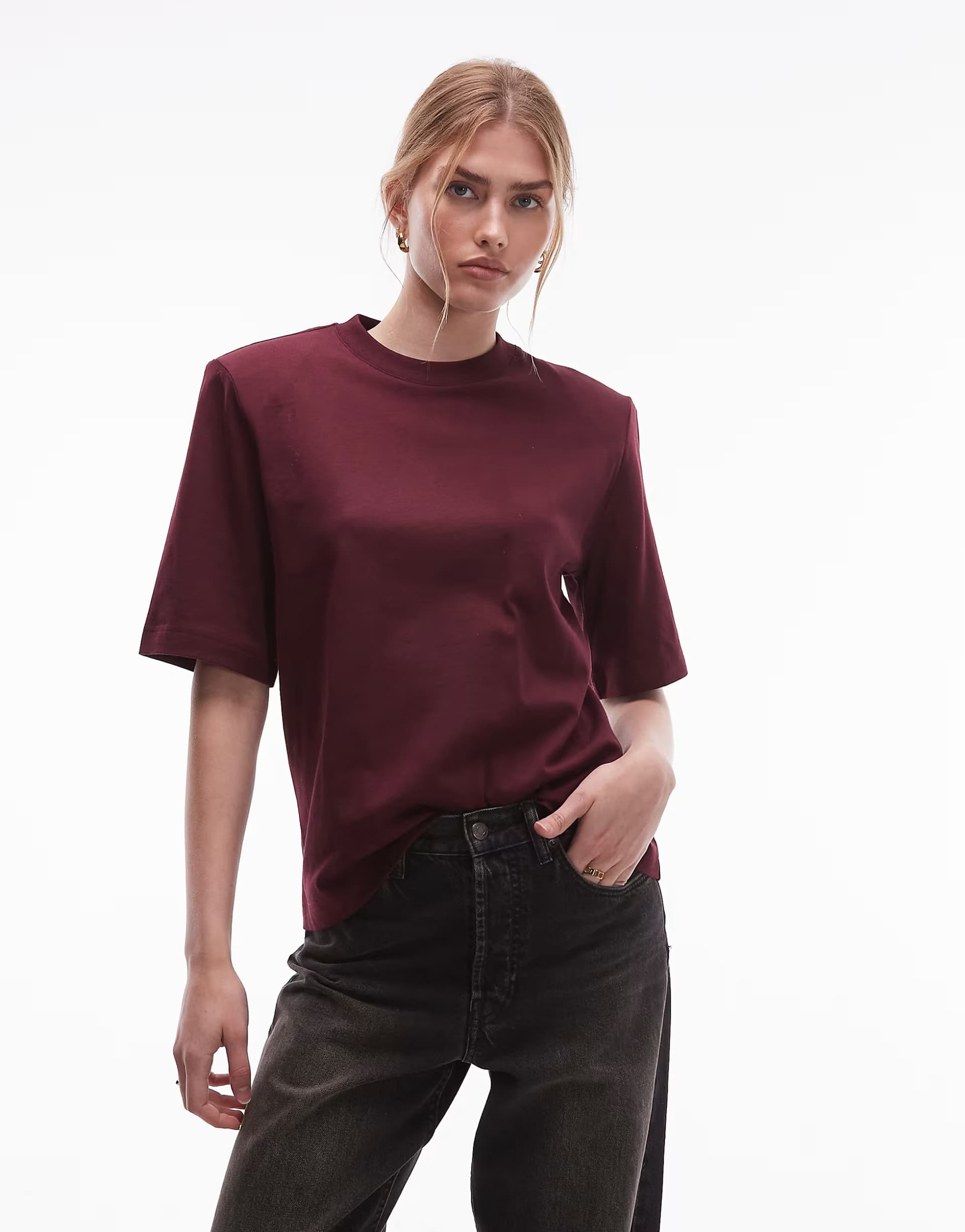 ASOS ASOS Structured Jersey Top with Shoulder Pads in Dark Wine