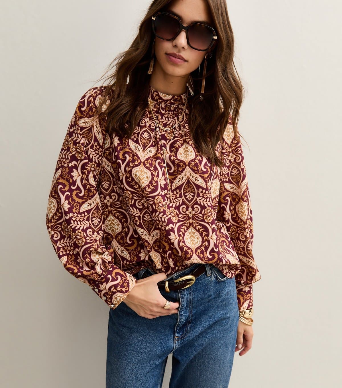 New Look New Look Pink Patterned High Neck Blouse