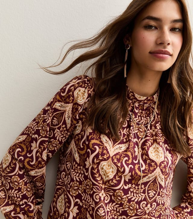 New Look Women's Pink Patterned High Neck Long Sleeve Blouse New Look - 3