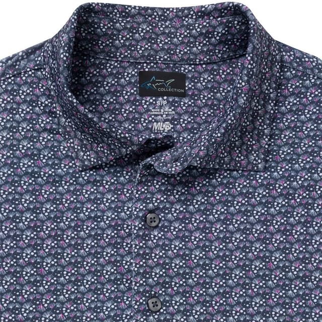 Greg Norman Greg Norman Men's ML75 Stretch Palm Leaflets Golf Polo Shirt in Navy - 3