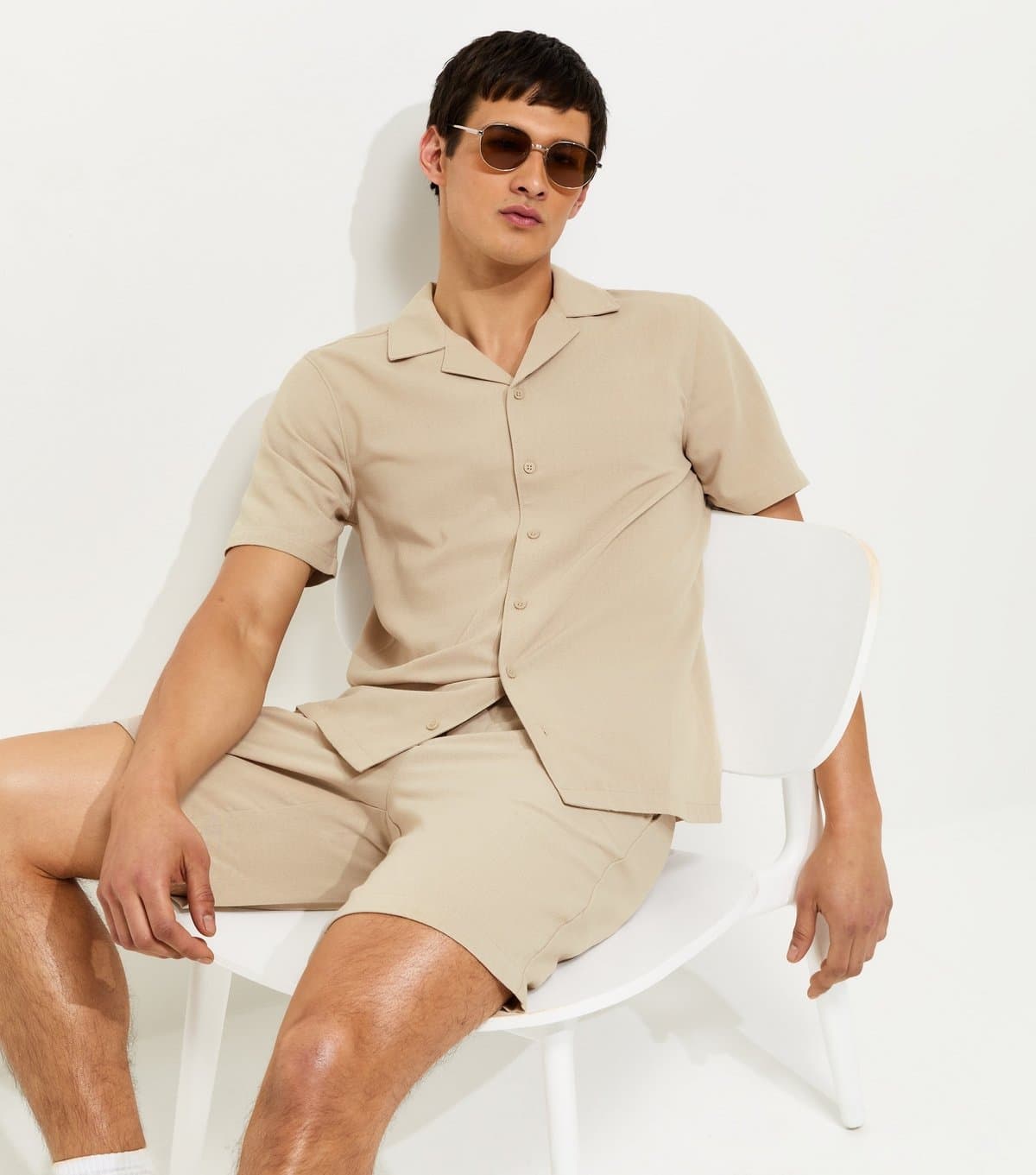 New Look Men's Stone Short Sleeve Regular Linen Look Shirt New Look