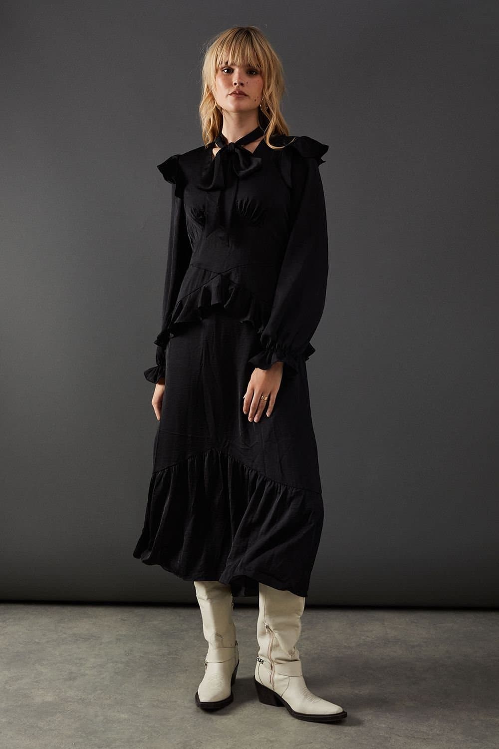 Warehouse Warehouse Women's Satin Tie Neck Ruffle Midi Dress in Black