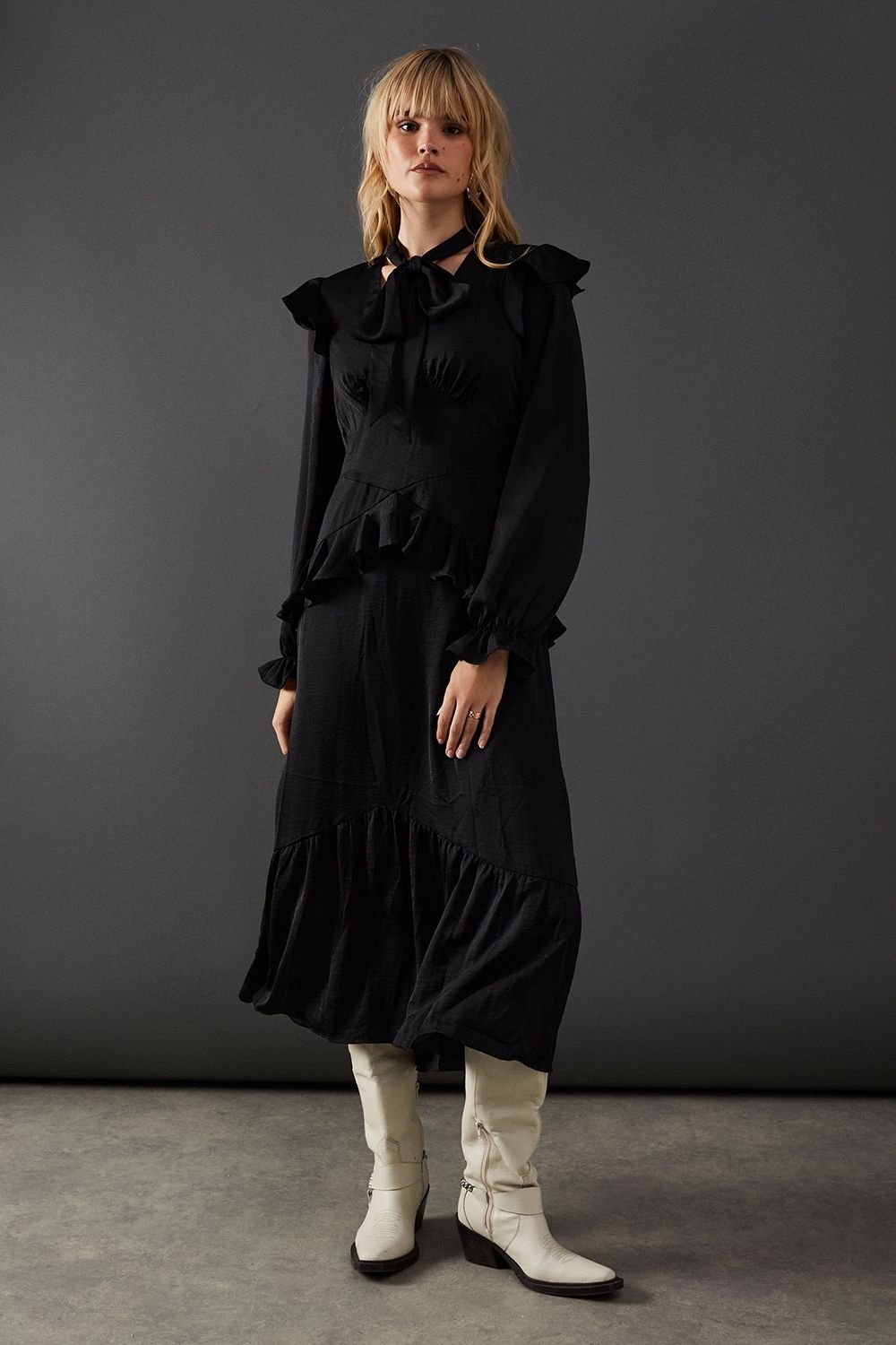 Warehouse Warehouse Women's Satin Tie Neck Ruffle Midi Dress in Black - 2