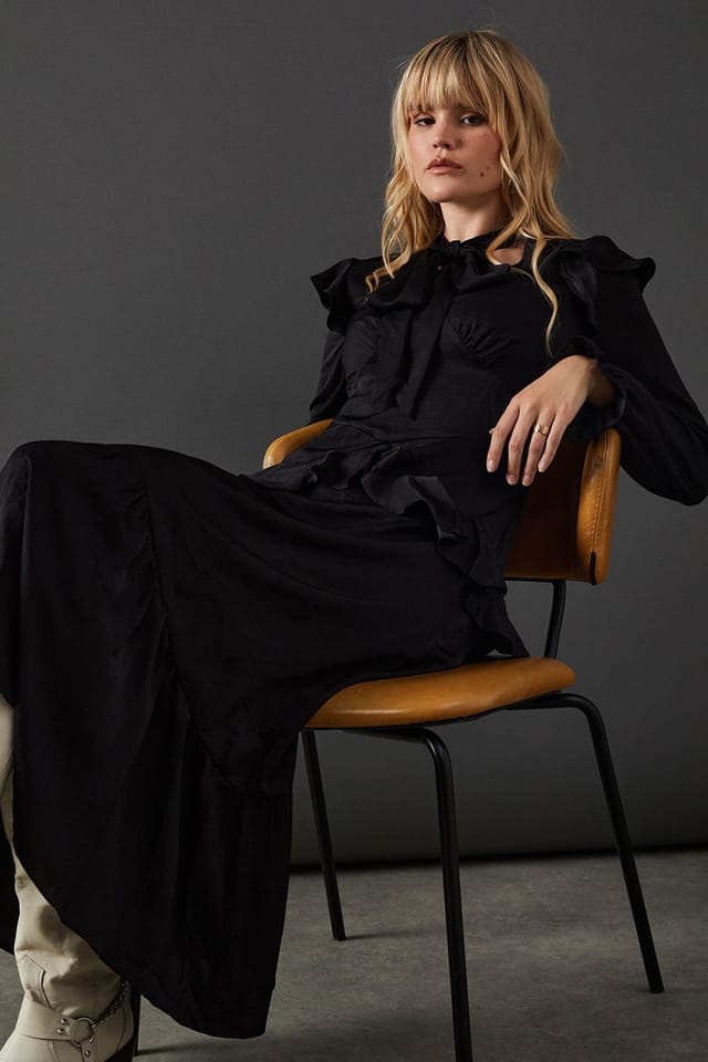 Warehouse Warehouse Women's Satin Tie Neck Ruffle Midi Dress in Black - 2