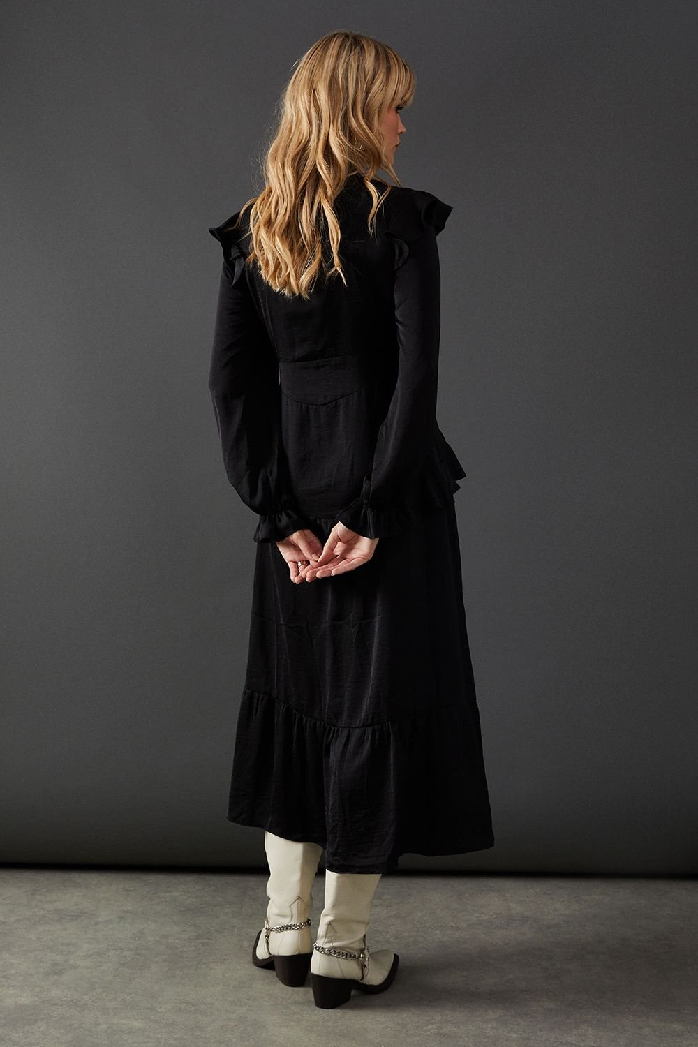 Warehouse Warehouse Women's Satin Tie Neck Ruffle Midi Dress in Black - 3