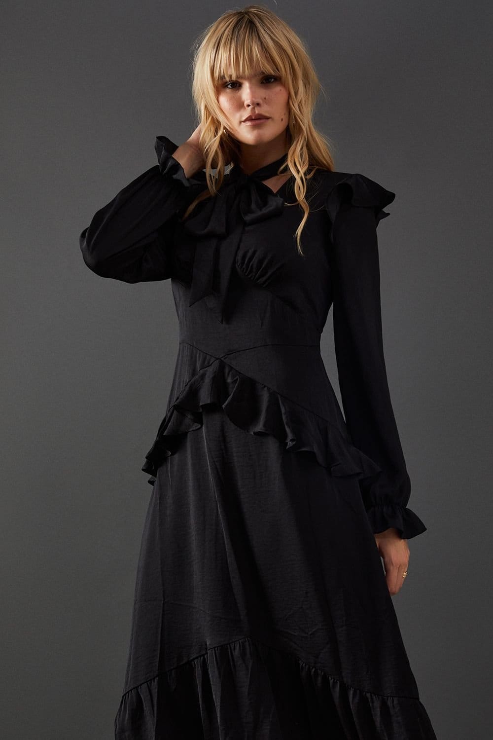 Warehouse Warehouse Women's Satin Tie Neck Ruffle Midi Dress in Black - 4