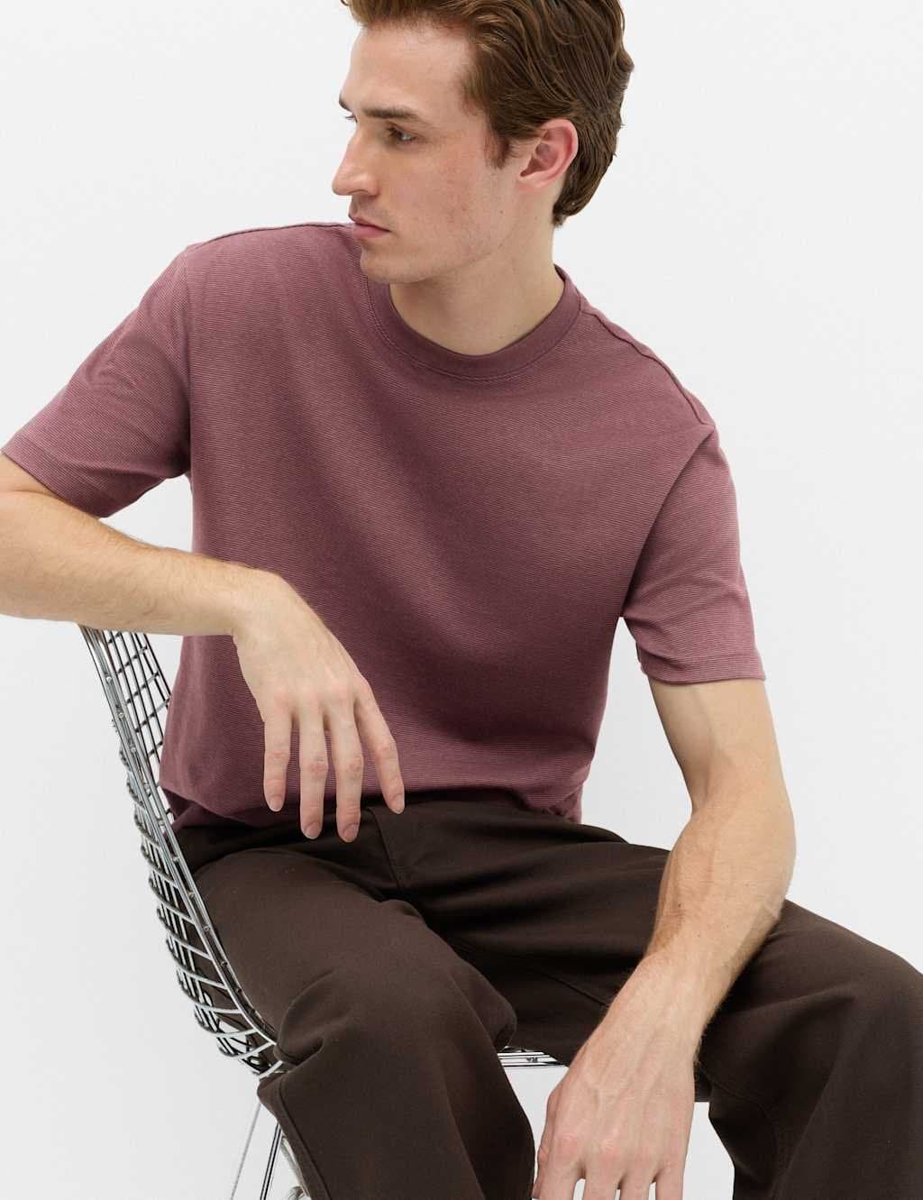 Marks & Spencer M&S Relaxed Fit Cotton Rich Ultimate Performance Striped T-Shirt Bordeaux