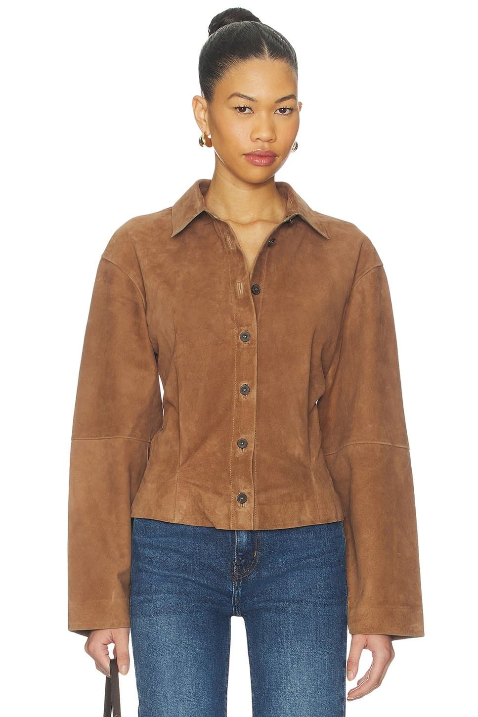 revolve Revolve Marianna Dara Suede Button-down Shirt in Toffee