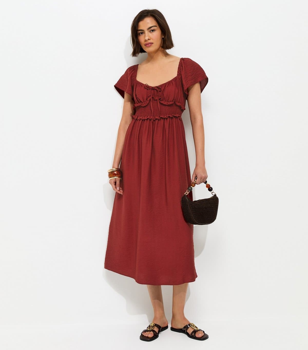 New Look Women's Red Shirred Sweetheart Ruched Midi Dress New Look