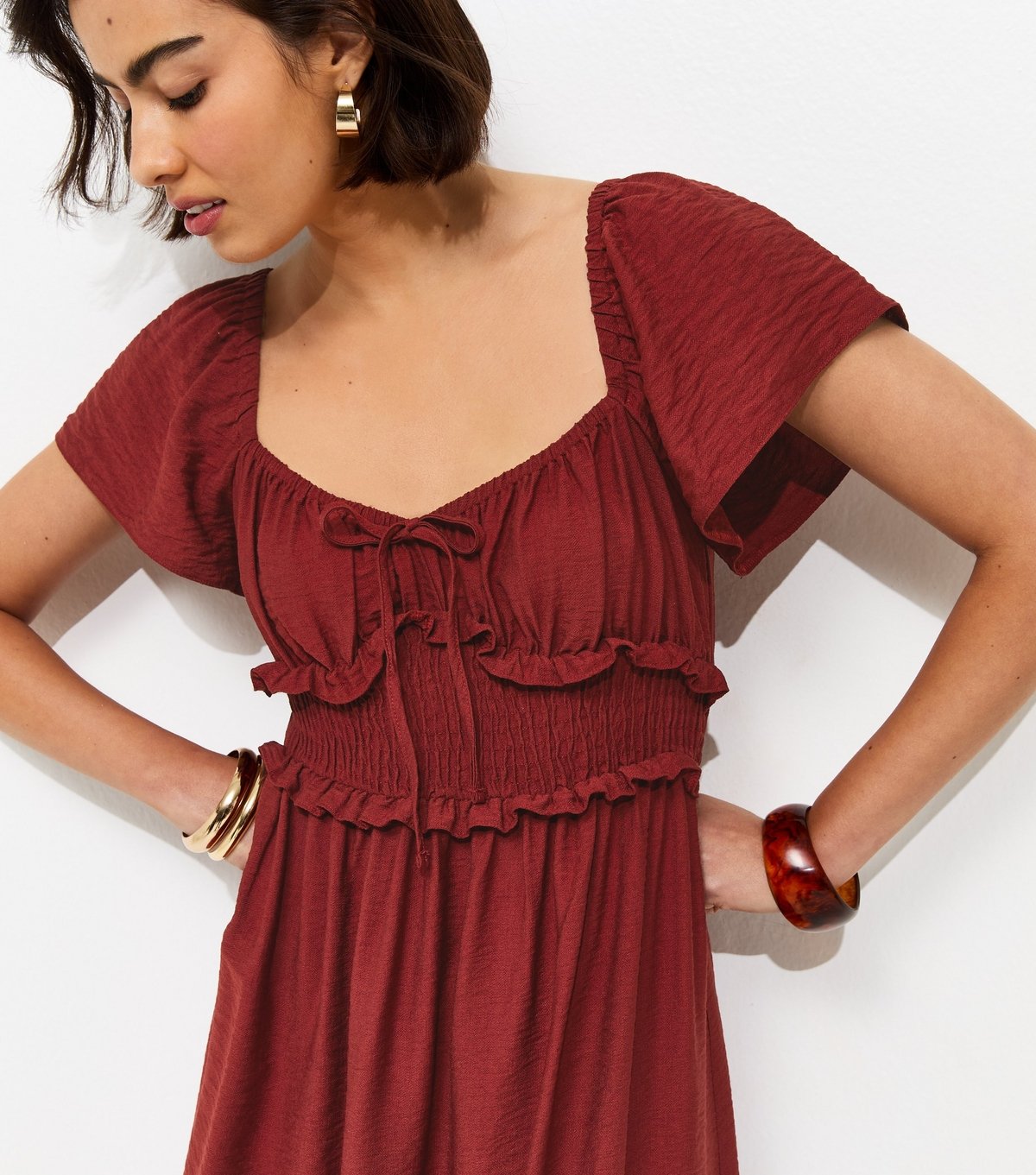 New Look Women's Red Shirred Sweetheart Ruched Midi Dress New Look - 2