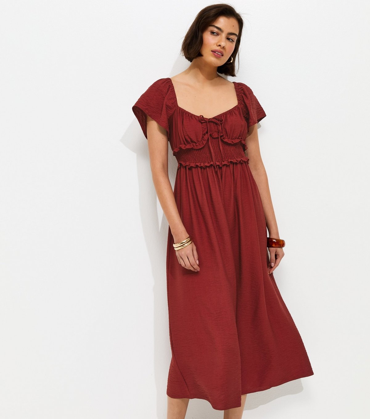 New Look Women's Red Shirred Sweetheart Ruched Midi Dress New Look - 3