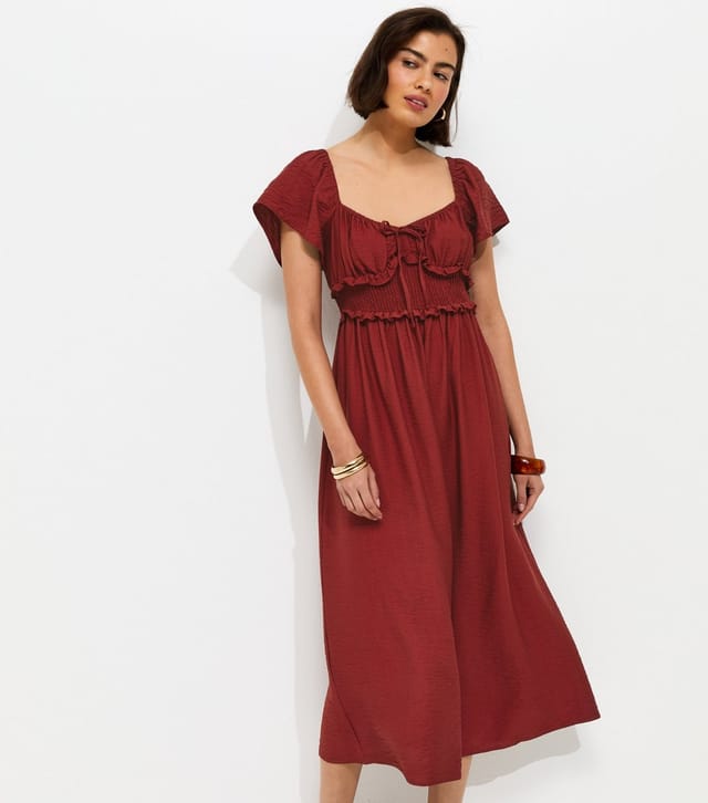 New Look Women's Red Shirred Sweetheart Ruched Midi Dress New Look - 3