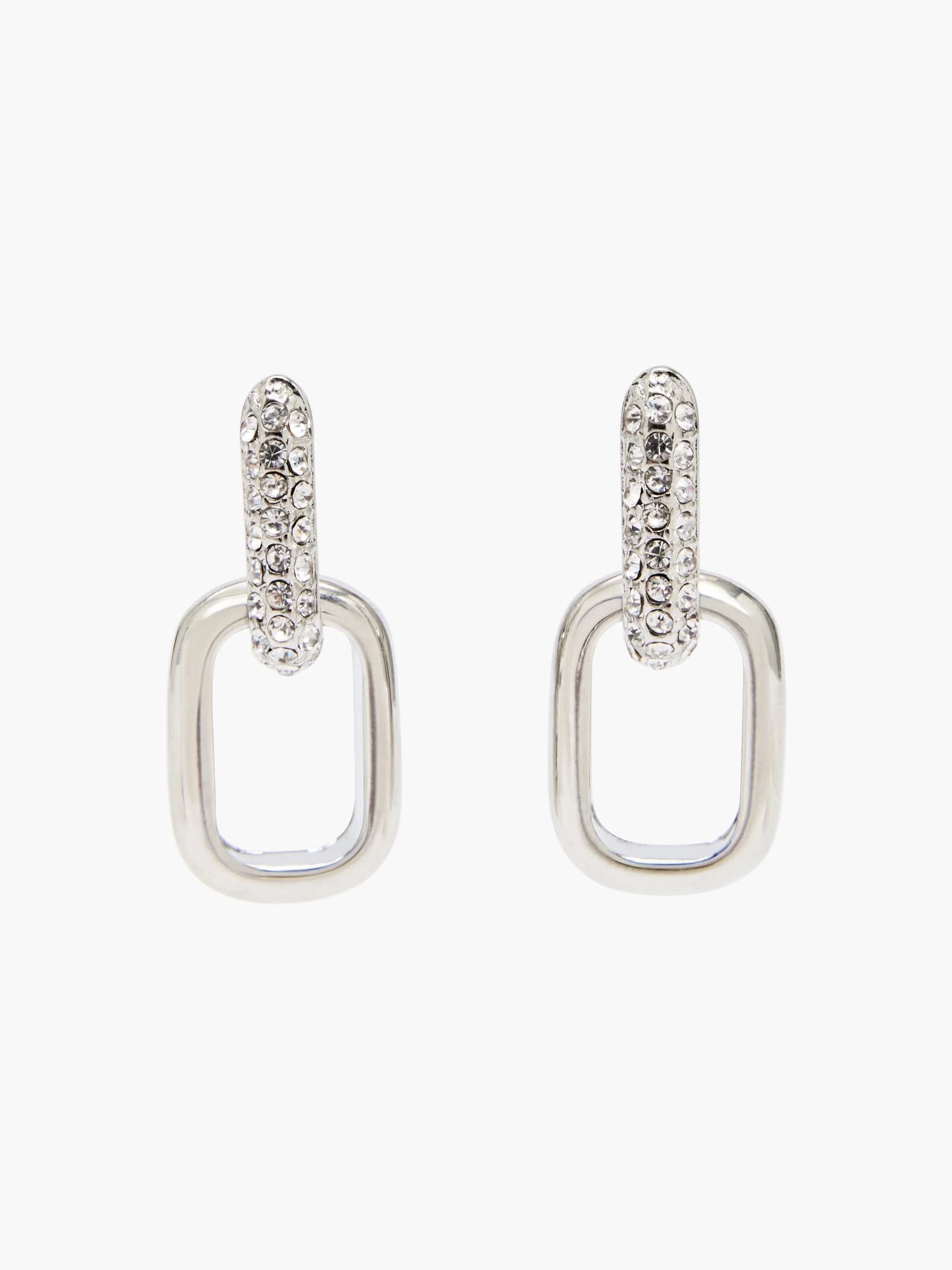 French Connection Half Pave Diamante Link Hoop Earrings Rhodium