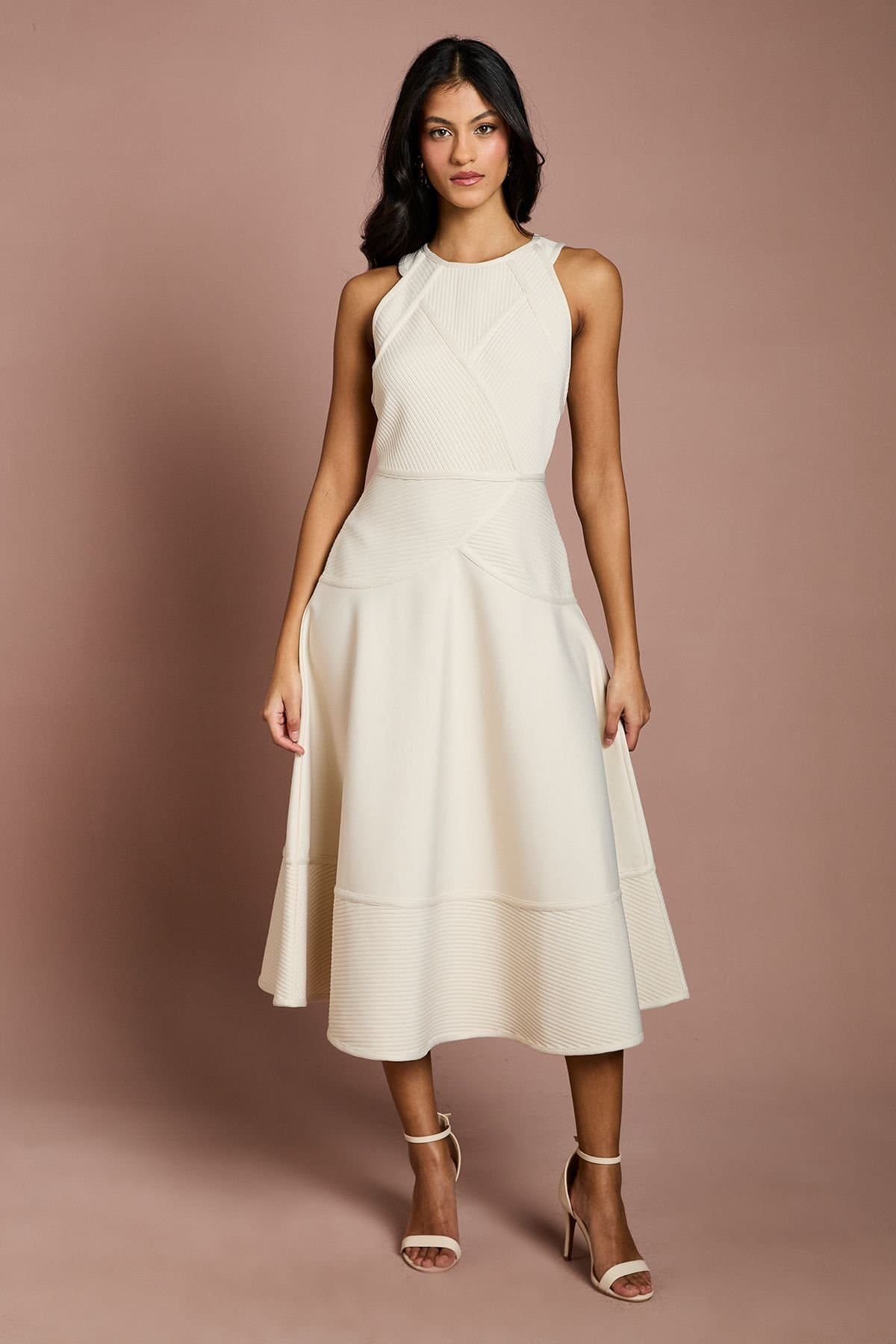 Coast Coast Women's Petite Ribbed Bandage Halterneck Midi Dress in Stone