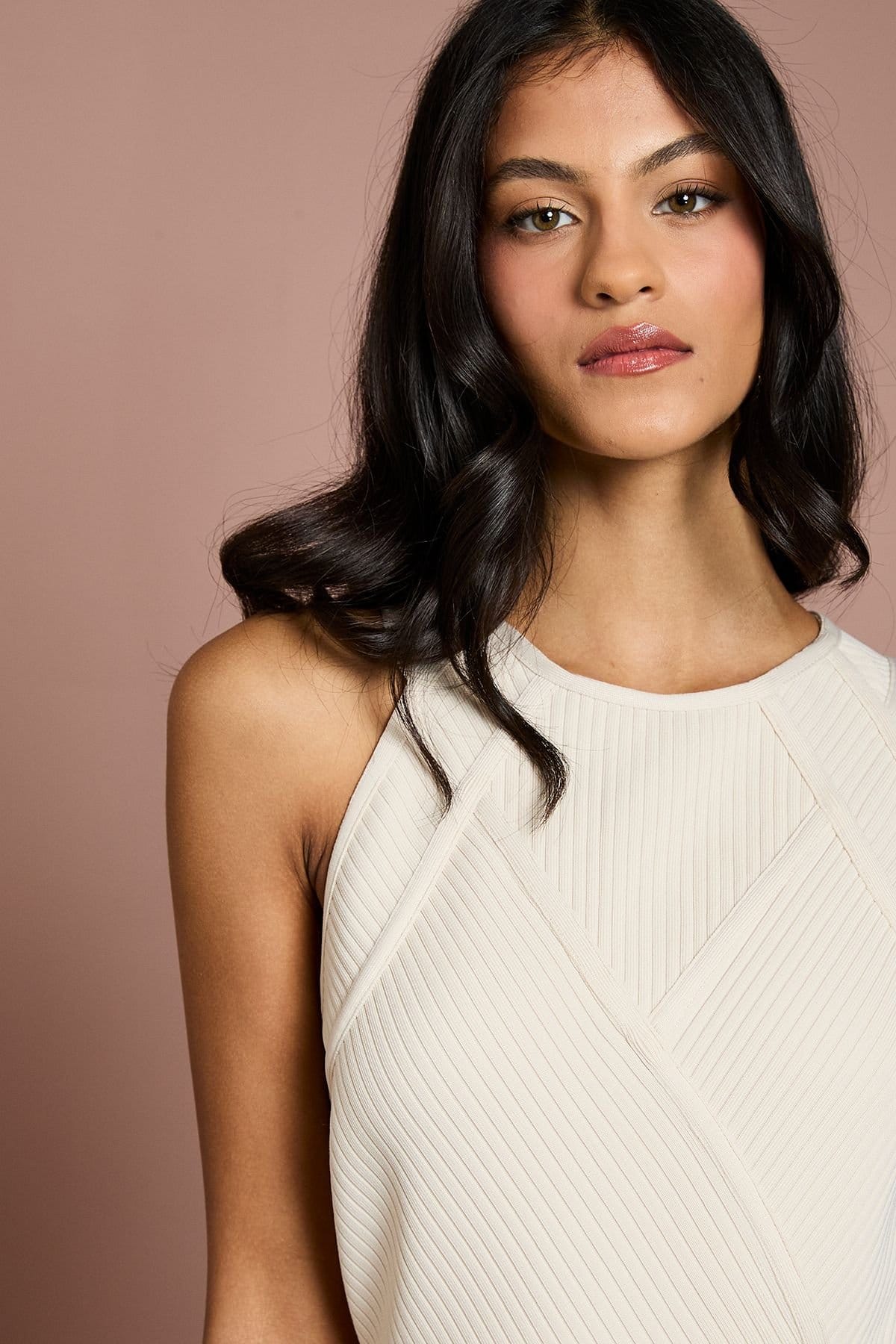 Coast Coast Women's Petite Ribbed Bandage Halterneck Midi Dress in Stone - 4