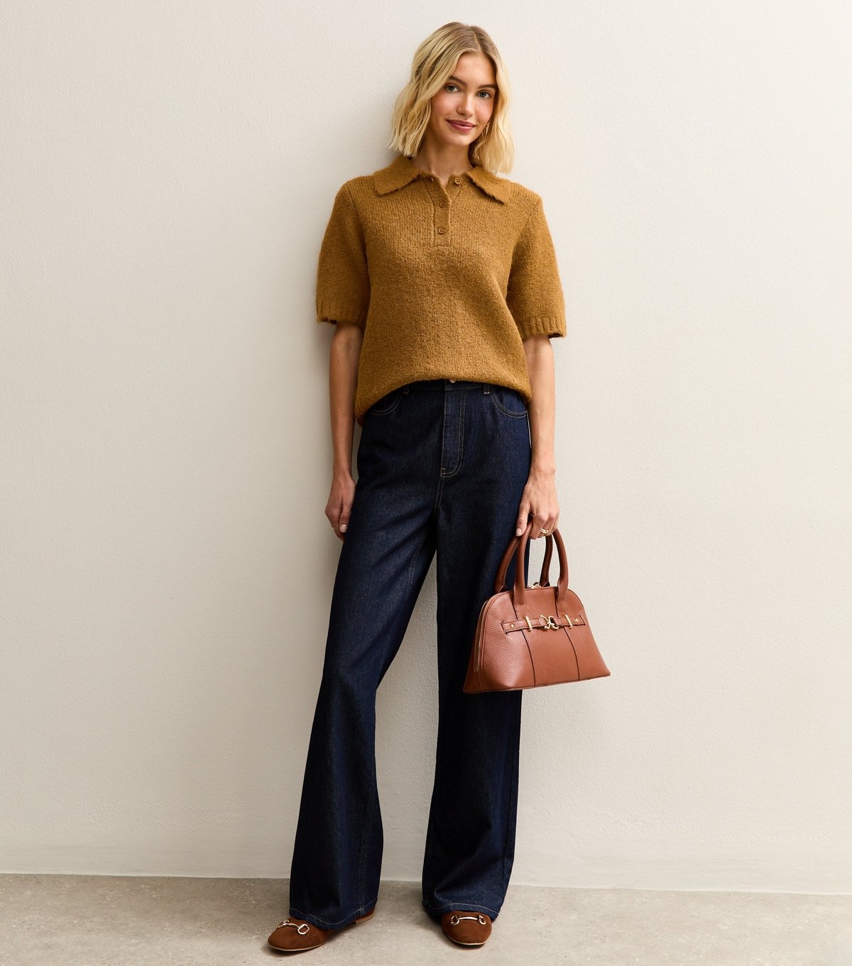 New Look Women's Tan Textured Knit Polo Collar Top New Look - 2