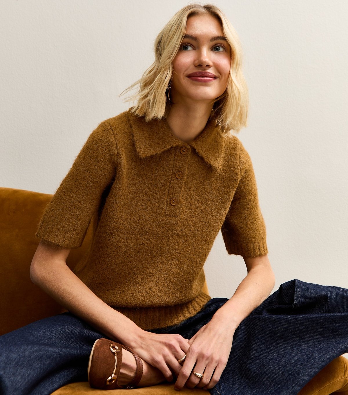 New Look Women's Tan Textured Knit Polo Collar Top New Look - 3