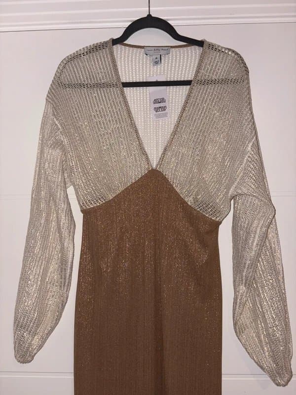 Never Fully Dressed Never Fully Dressed Gold Long Sleeve Midaxi Dress Size M Summer Smart Funky Stylish unusual