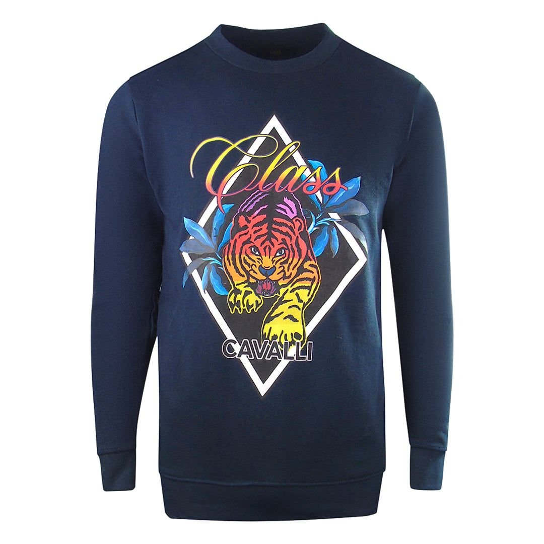 Cavalli Class Cavalli Class Men's Diamond Tiger Design Navy Blue Sweatshirt - 1