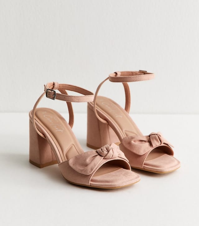 New Look Women's Light Pink Faux Suede Bow Block Heel Sandals Vegan New Look - 2
