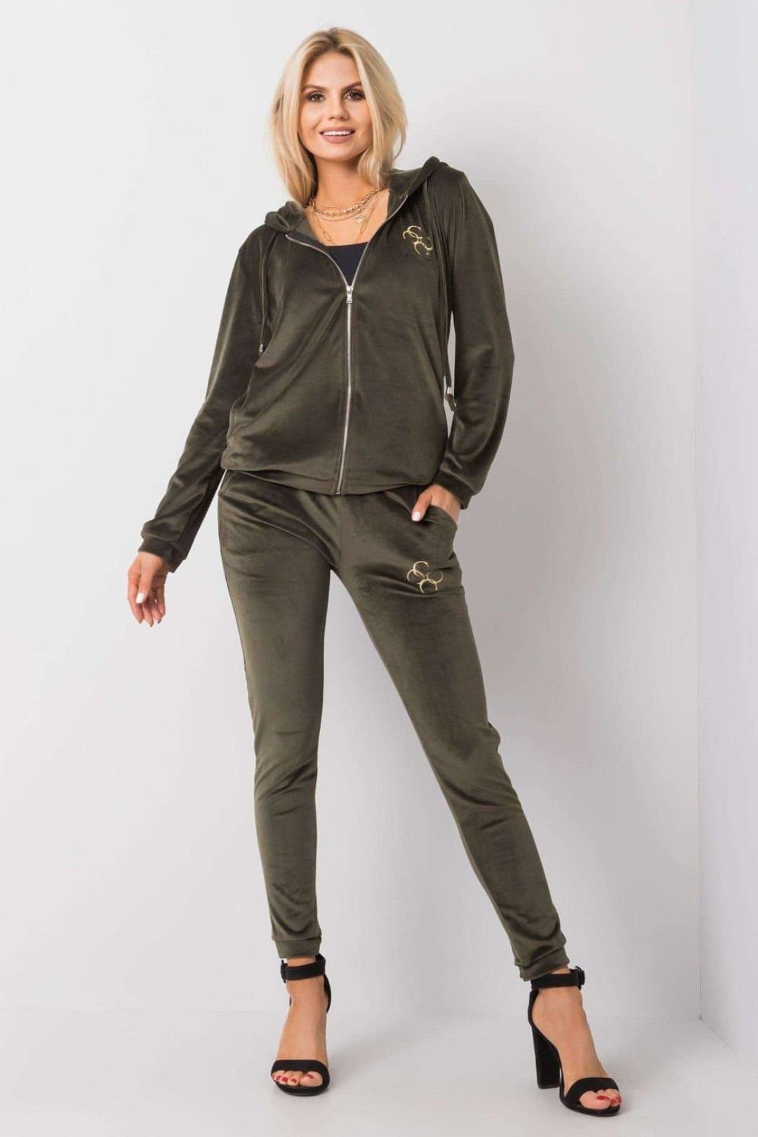 Love Lace Love Lace Women's Velour Zip Hoodie Set with Tie Waist Pants in Green