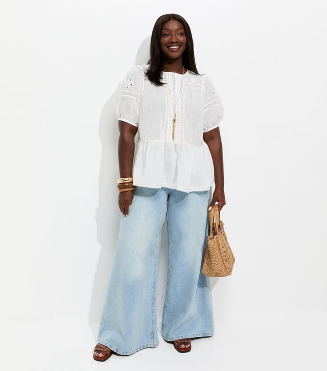 New Look Women's Plus Size White Cotton Lace Trim Blouse Curves New Look - 3