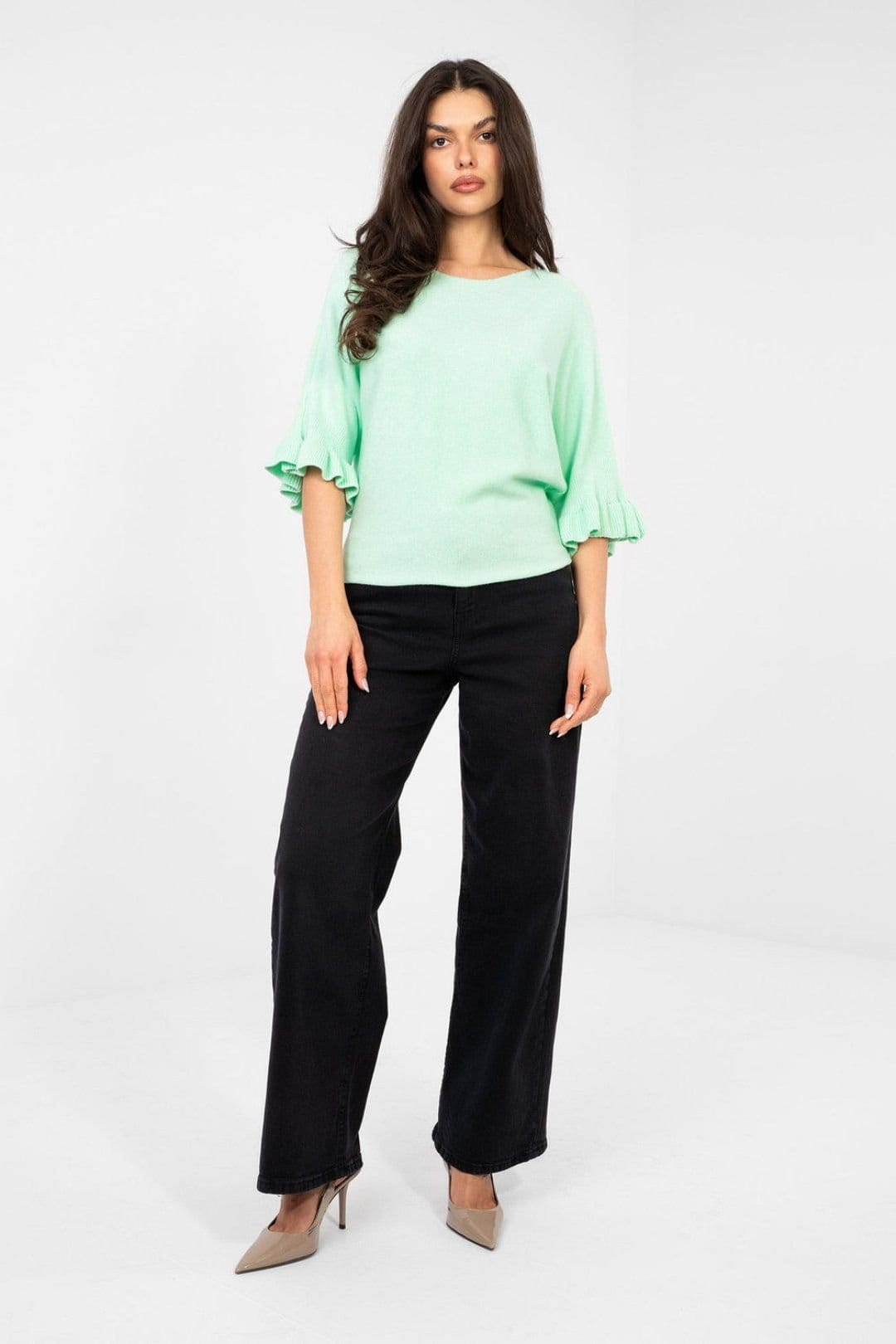 Love Lace Green Viscose Knit Ruffle Sleeve Sweater