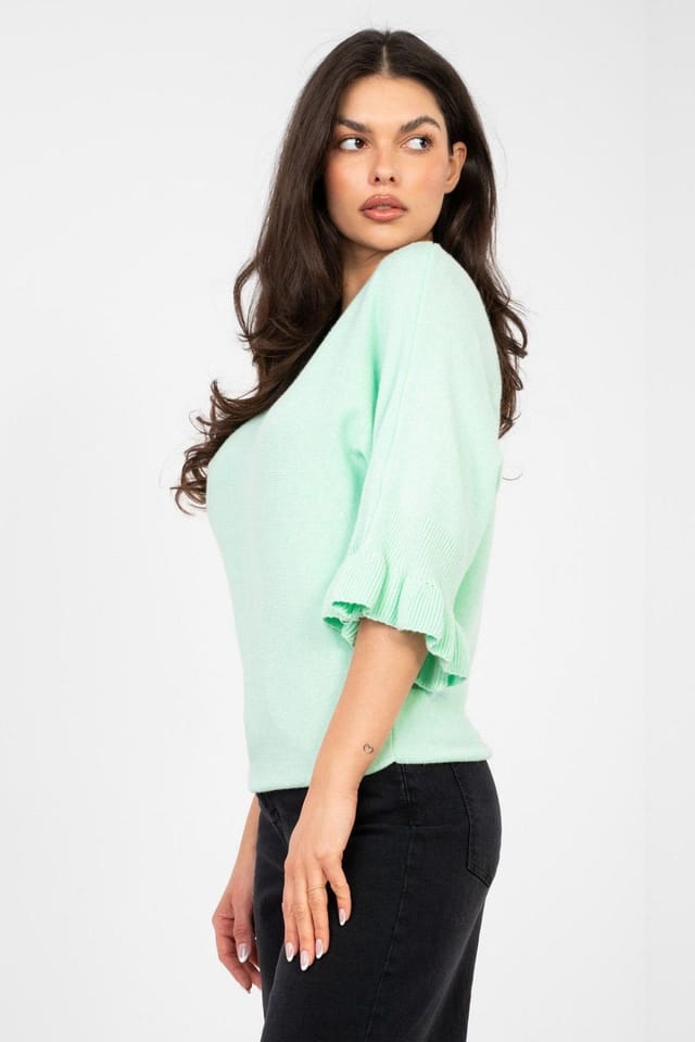 Love Lace Love Lace Women's Round Neck Ruffle Sleeve Viscose Knit Sweater in Green - 2