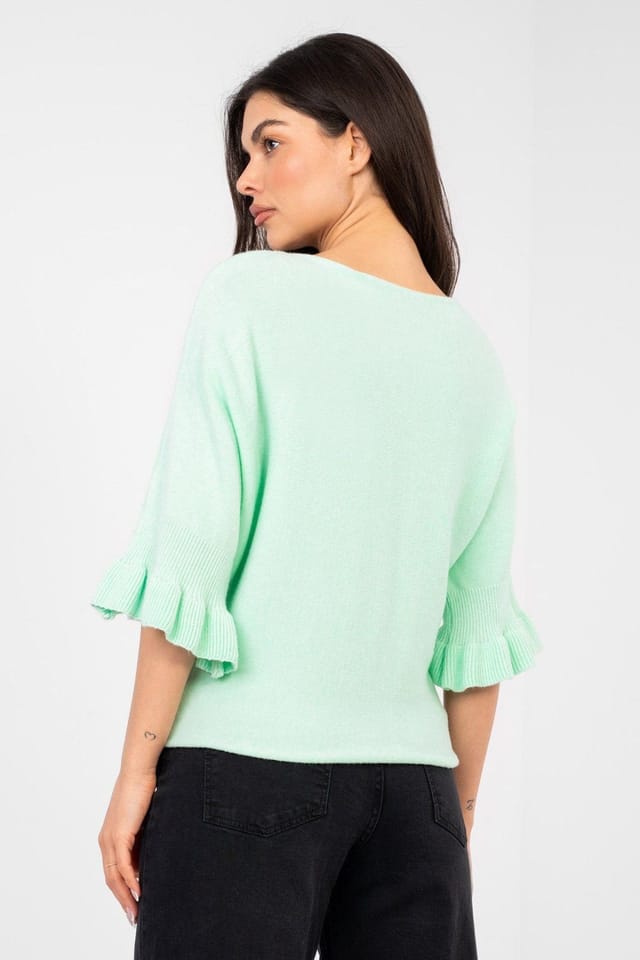 Love Lace Love Lace Women's Round Neck Ruffle Sleeve Viscose Knit Sweater in Green - 3
